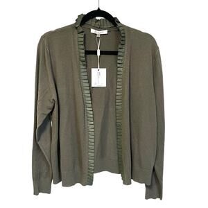 Sioni Milano Women's Olive Green Open Front Cardigan Sweater with Ruffle Trim L